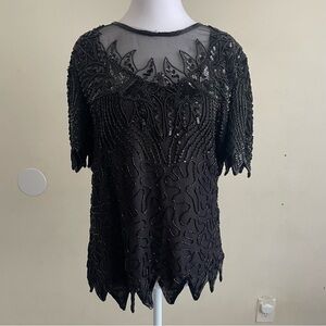 Denise Elle Beaded Silk Evening Blouse with Scalloped Hem - Size S